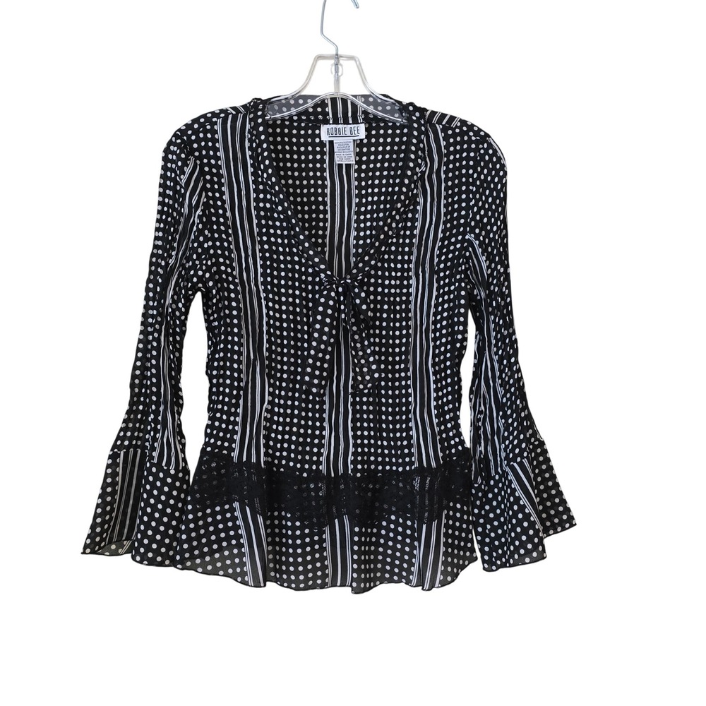 Robbie Bee Black White Polka Dot Striped Bell Sleeve Tie Neck Lace Blouse Small